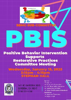 Únase a nosotros en nuestra reunión del Comité de Prácticas Restaurativas / Apoyo de Intervención de Conducta Positiva.Please join us for our Positive Behavior Intervention Supports / Restorative Practices Committee Meeting.